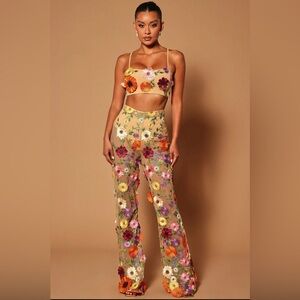 NWT Celena Embroidered Pant and Cropped Tank Top - Nude/combo